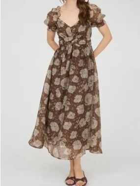 Blu Pepper Brown and Cream Floral V-Neck Maxi Dress